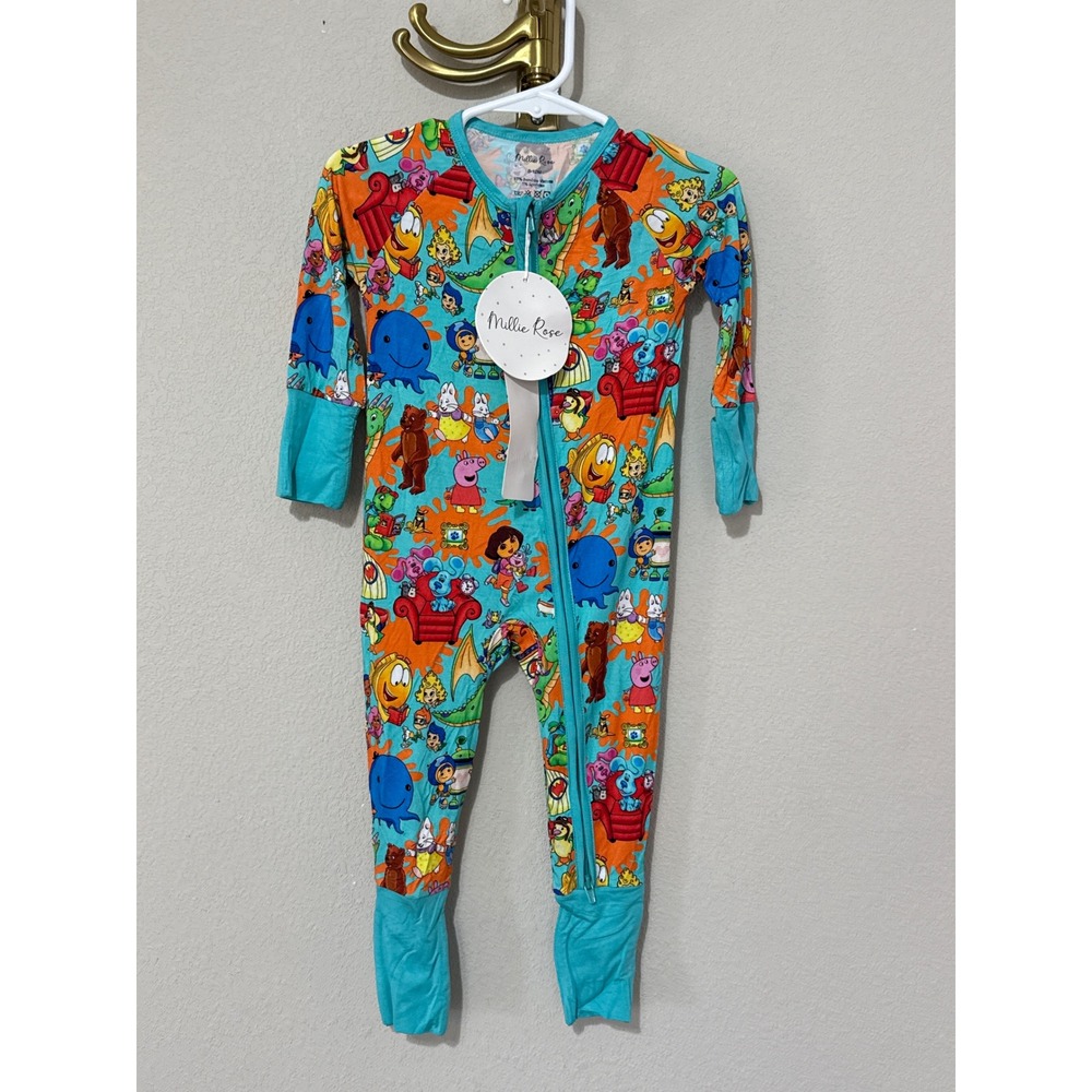 Millie Rose Bamboo Sleeper Baby 6-12M Cartoon Character Print Zip Footie Pajamas